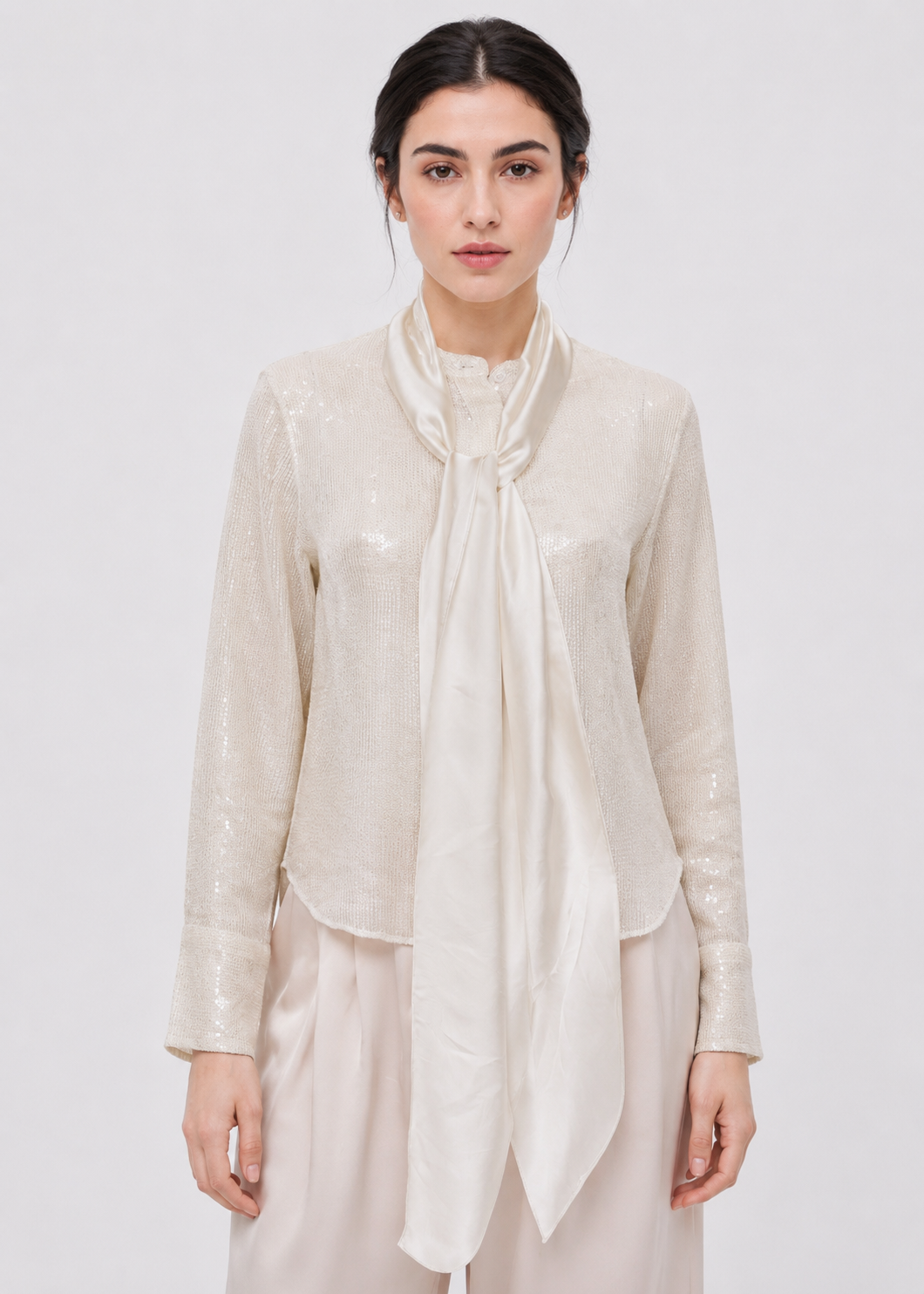 Women's Pearl White Tie-Neck Shimmer Blouse