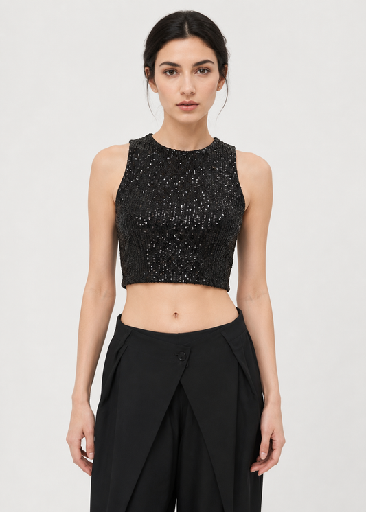 MIDNIGHT SEQUIN CROPPED BLOUSE