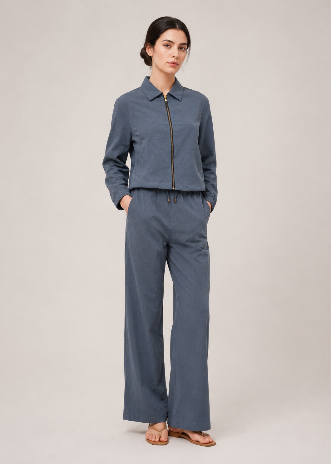 front zipped collar shirt cordset