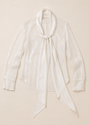 Women's Pearl White Tie-Neck Shimmer Blouse
