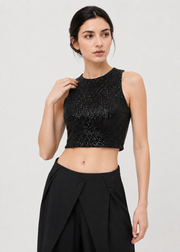Black Sequin Sleeveless Crop Top