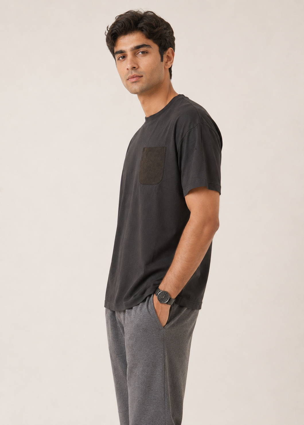 Crew Neck Suede Pocket T-Shirt