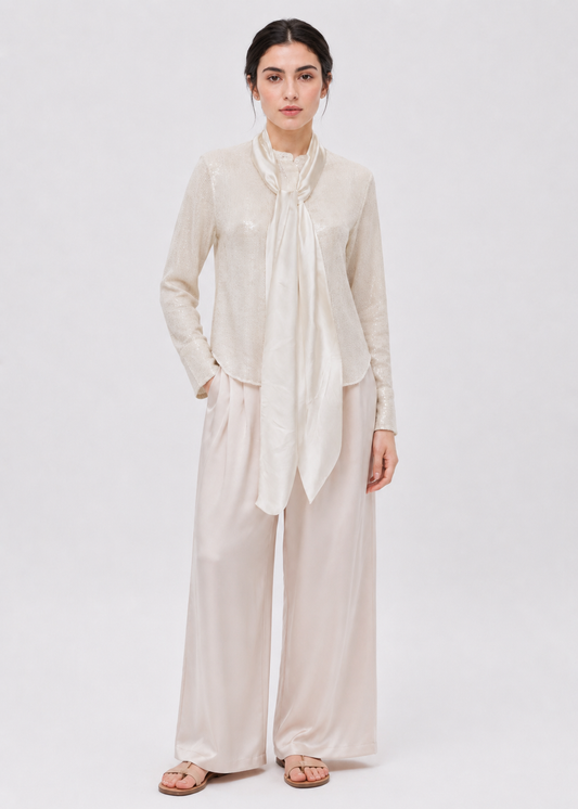 Women's Pearl White Tie-Neck Shimmer Blouse
