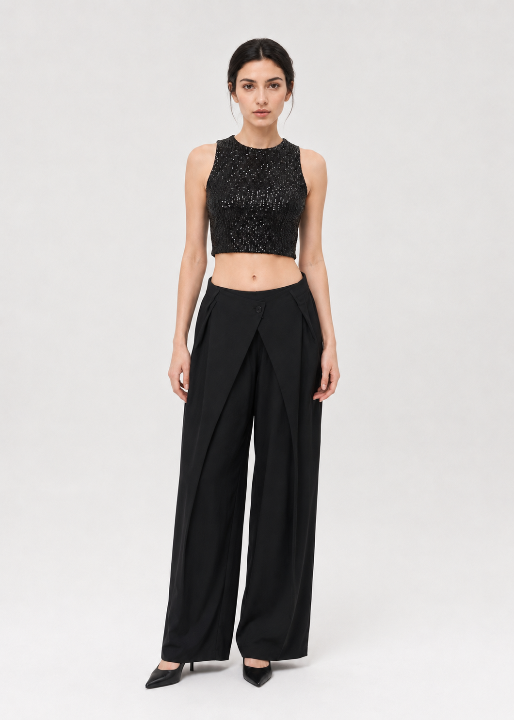 Black Sequin Sleeveless Crop Top