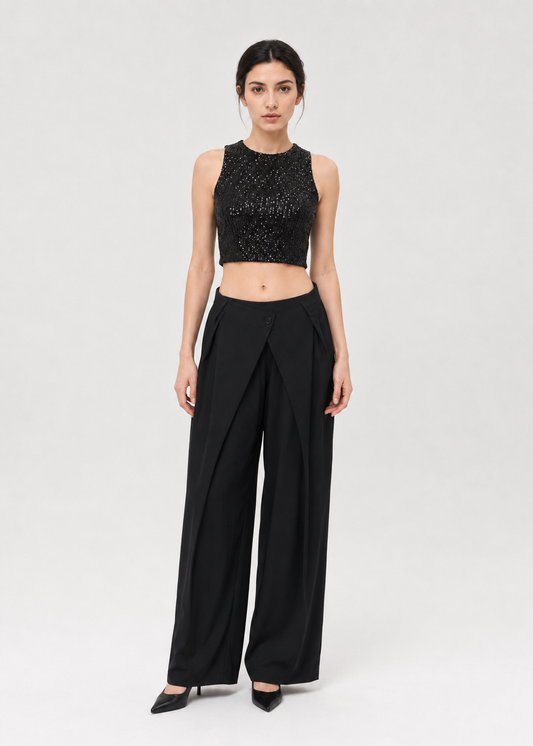 Black Sequin Sleeveless Crop Top