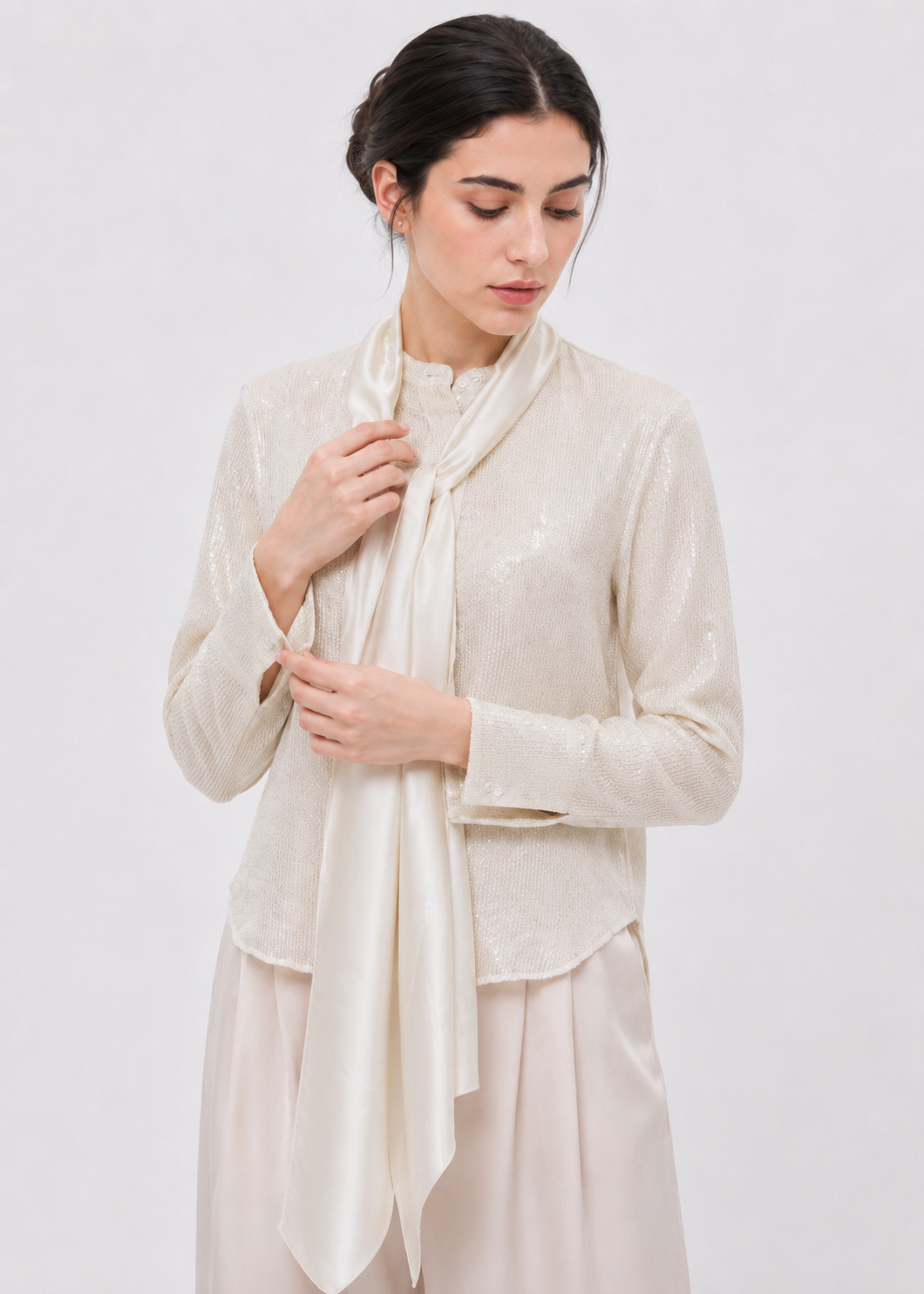 Women's Pearl White Tie-Neck Shimmer Blouse