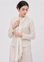 Women's Pearl White Tie-Neck Shimmer Blouse