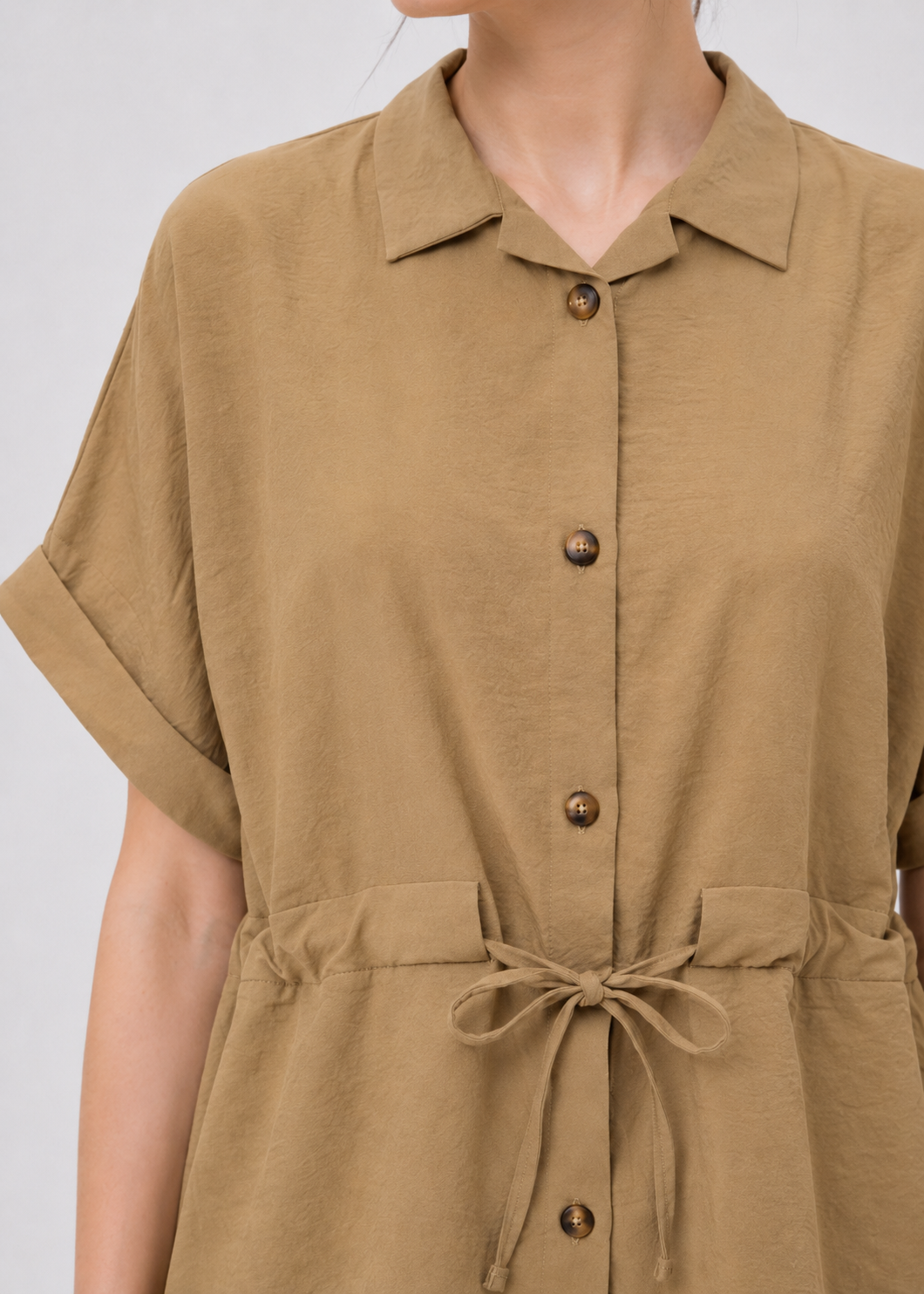 Women's Beige Drawstring Waist Shirt & Wide Leg Pants Co-Ord Set - WWCS07SS26