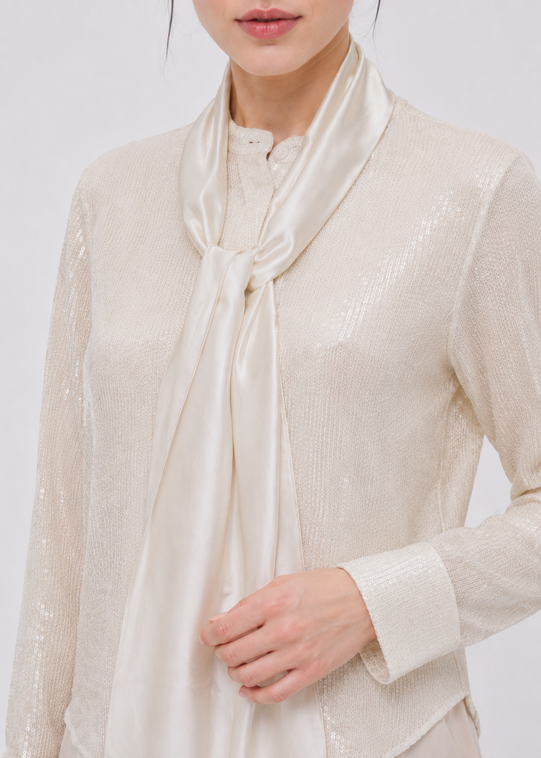 Women's Pearl White Tie-Neck Shimmer Blouse