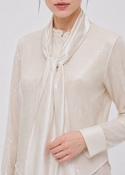 Women's Pearl White Tie-Neck Shimmer Blouse