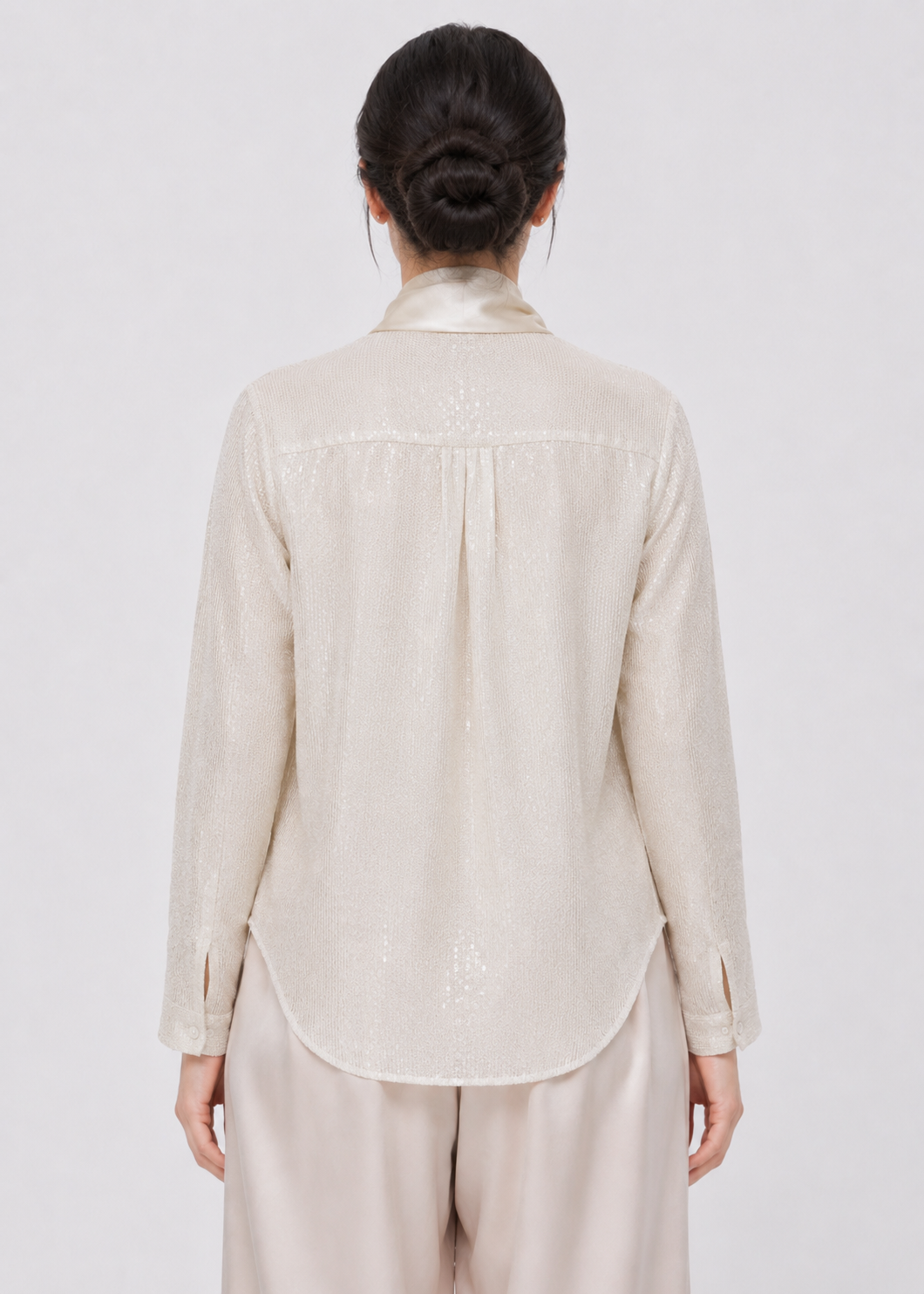 Women's Pearl White Tie-Neck Shimmer Blouse