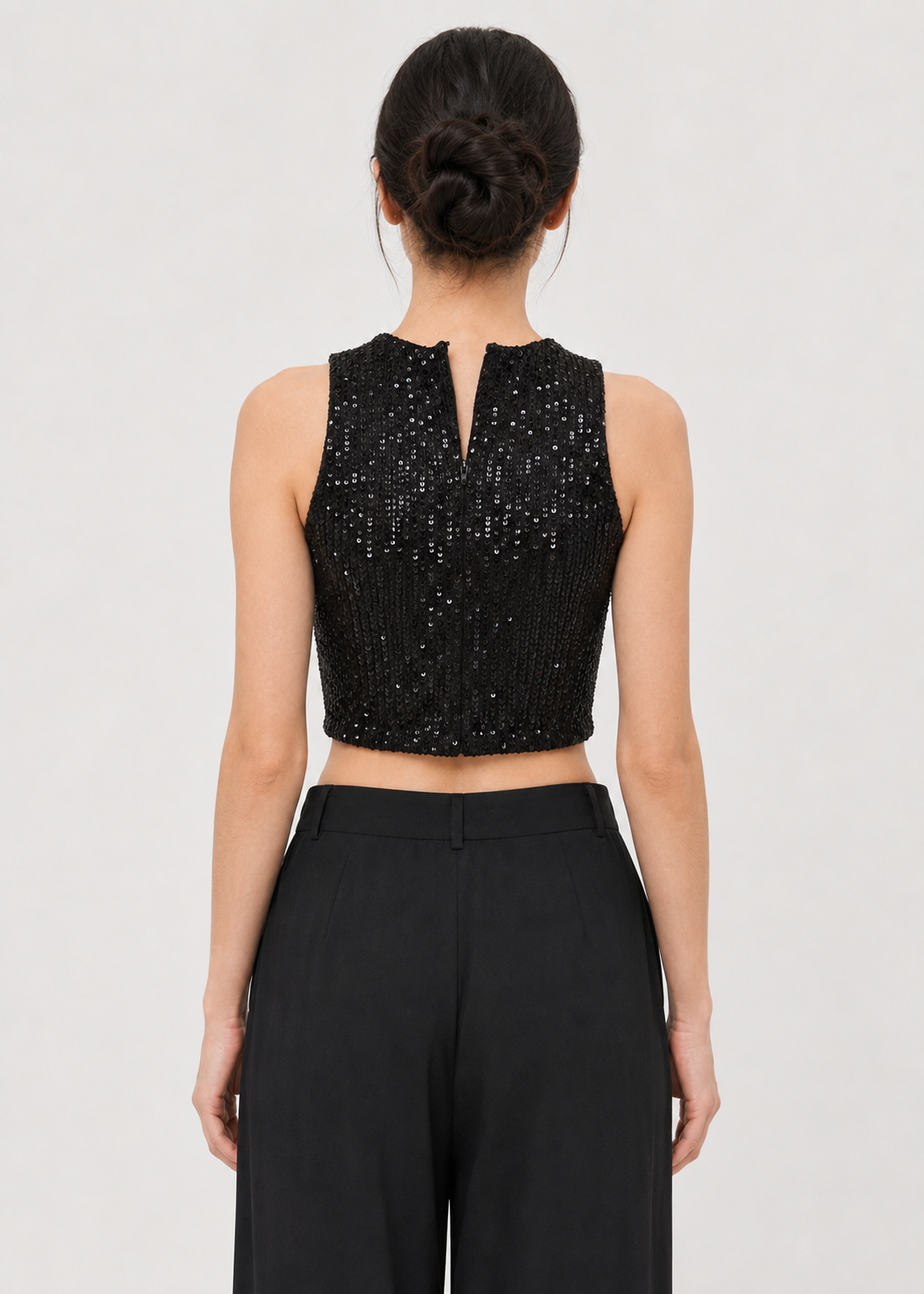 Black Sequin Sleeveless Crop Top
