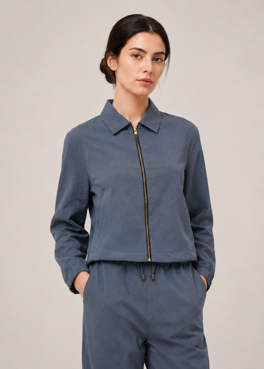 front zipped collar shirt cordset
