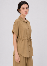 Women's Beige Drawstring Waist Shirt & Wide Leg Pants Co-Ord Set - WWCS07SS26