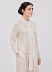 Women's Pearl White Tie-Neck Shimmer Blouse