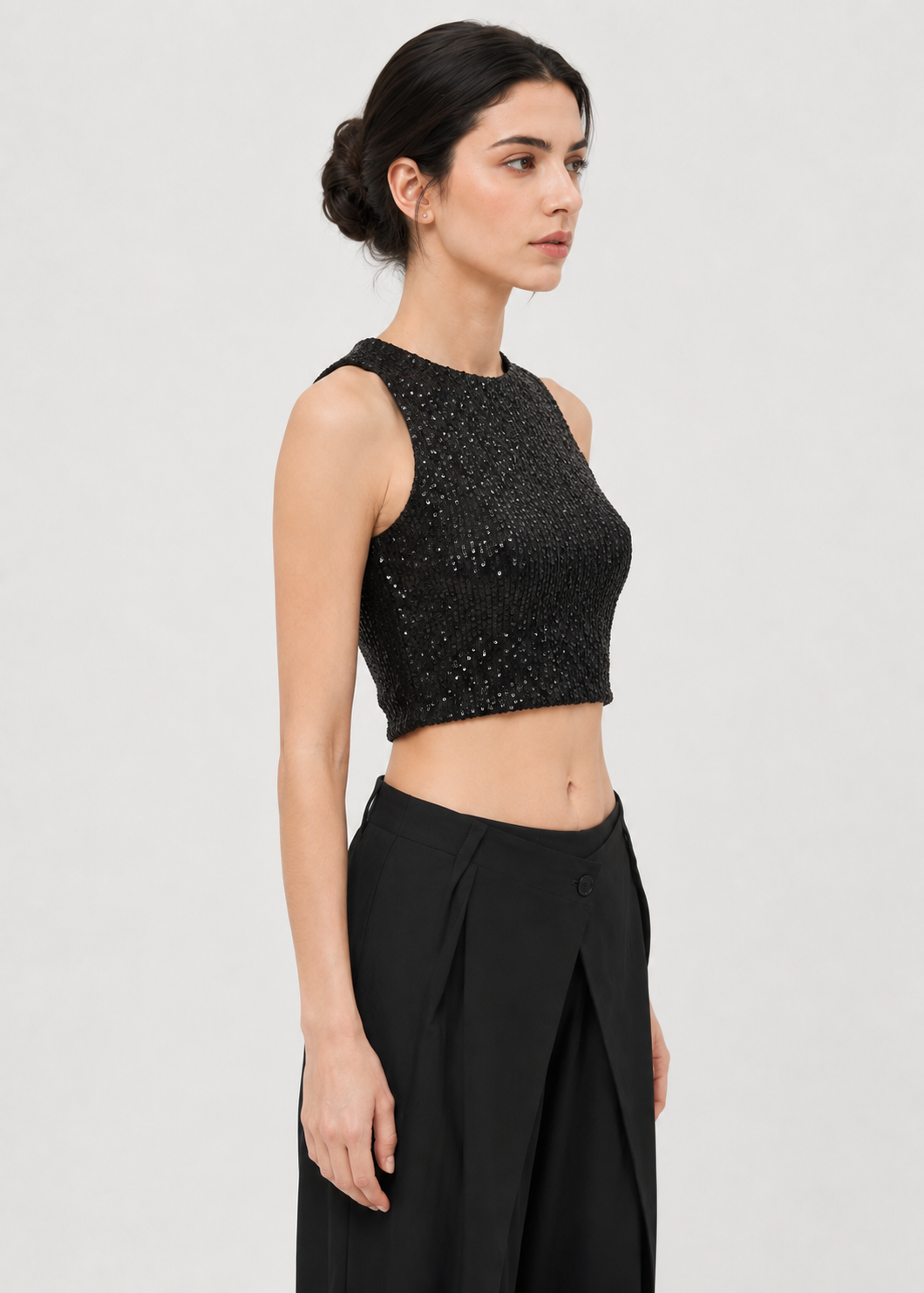 Black Sequin Sleeveless Crop Top