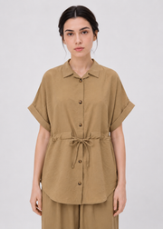 Women's Beige Drawstring Waist Shirt & Wide Leg Pants Co-Ord Set - WWCS07SS26