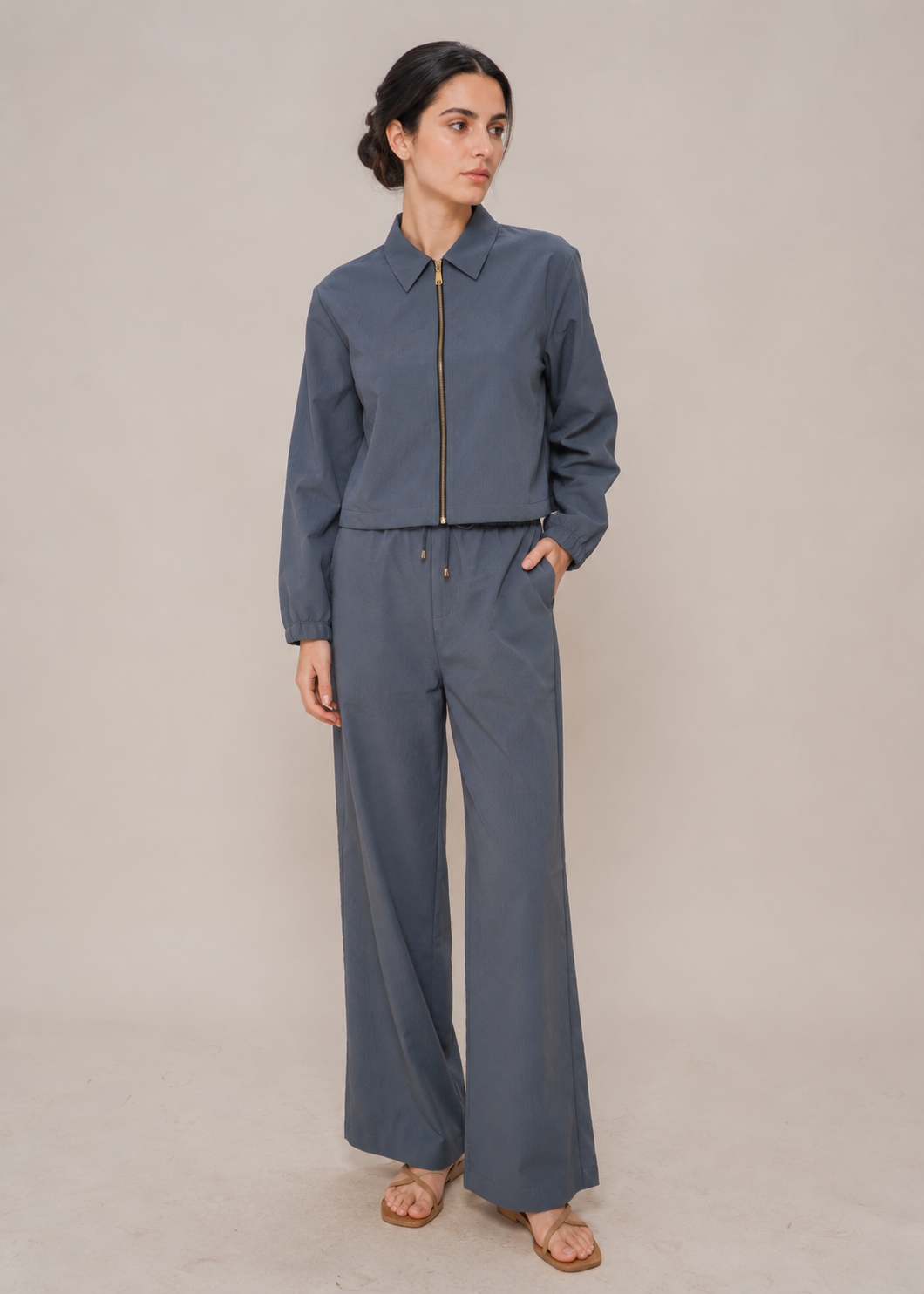front zipped collar shirt cordset