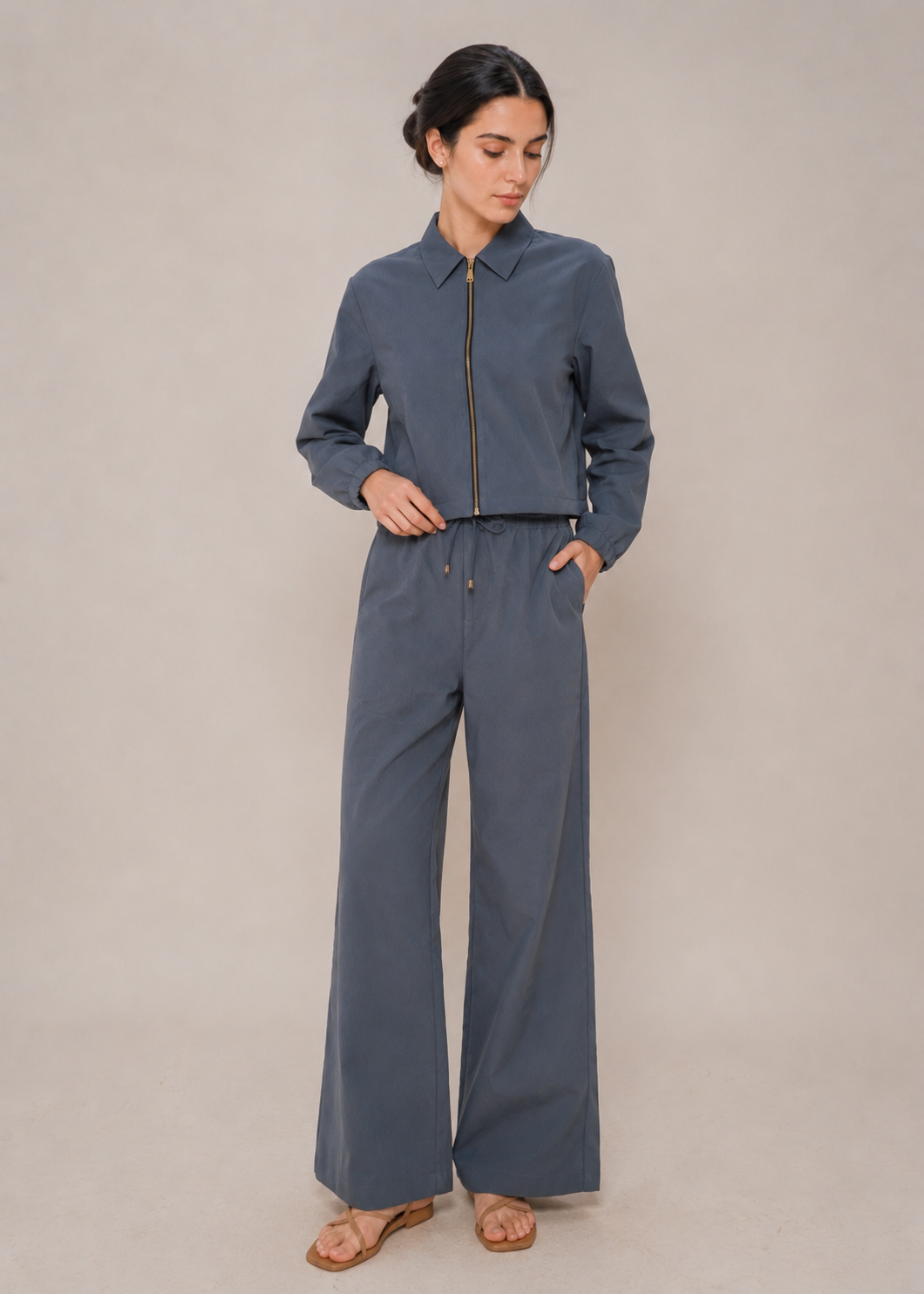front zipped collar shirt cordset