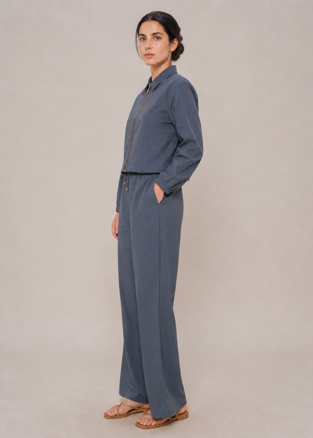 front zipped collar shirt cordset