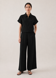 Black Short Sleeve Collared Crop Top & Wide-Leg Pants Co-Ord Set - WJ003SS26
