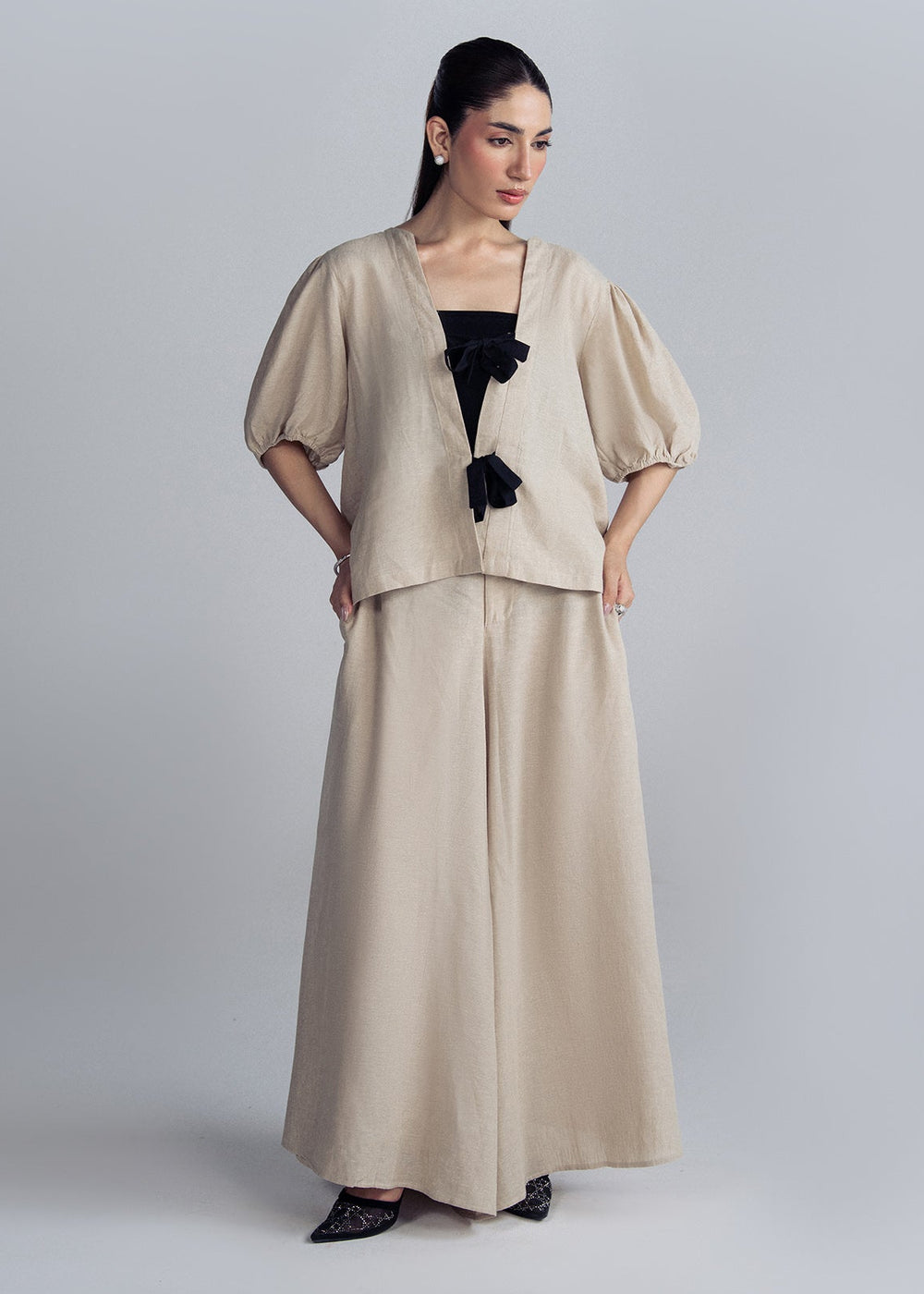 100% LINEN NOIR BOW CO-ORD SET