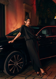 Black Short Sleeve Collared Crop Top & Wide-Leg Pants Co-Ord Set - WJ003SS26