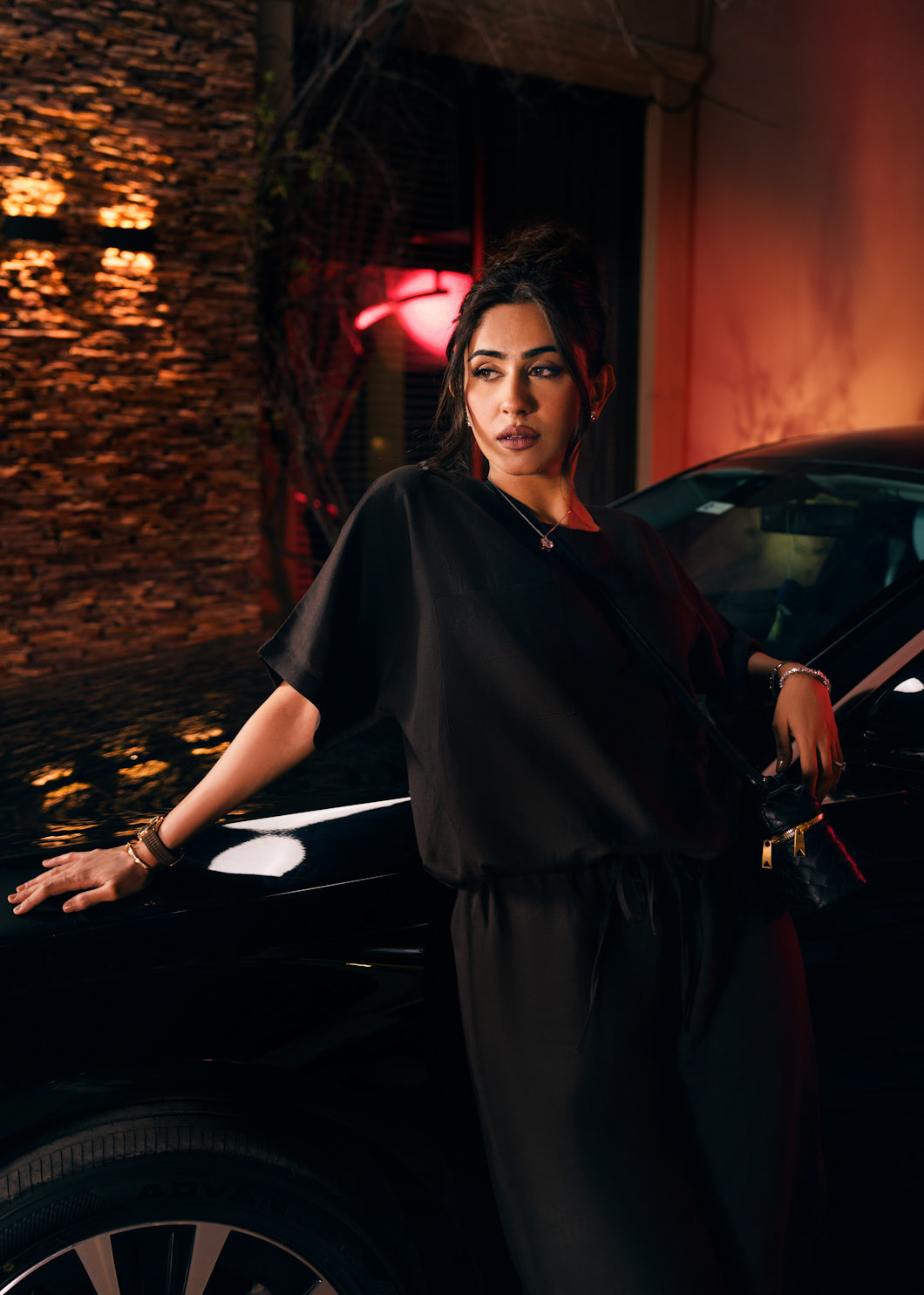 Black Short Sleeve Collared Crop Top & Wide-Leg Pants Co-Ord Set - WJ003SS26