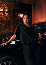 Black Short Sleeve Collared Crop Top & Wide-Leg Pants Co-Ord Set - WJ003SS26