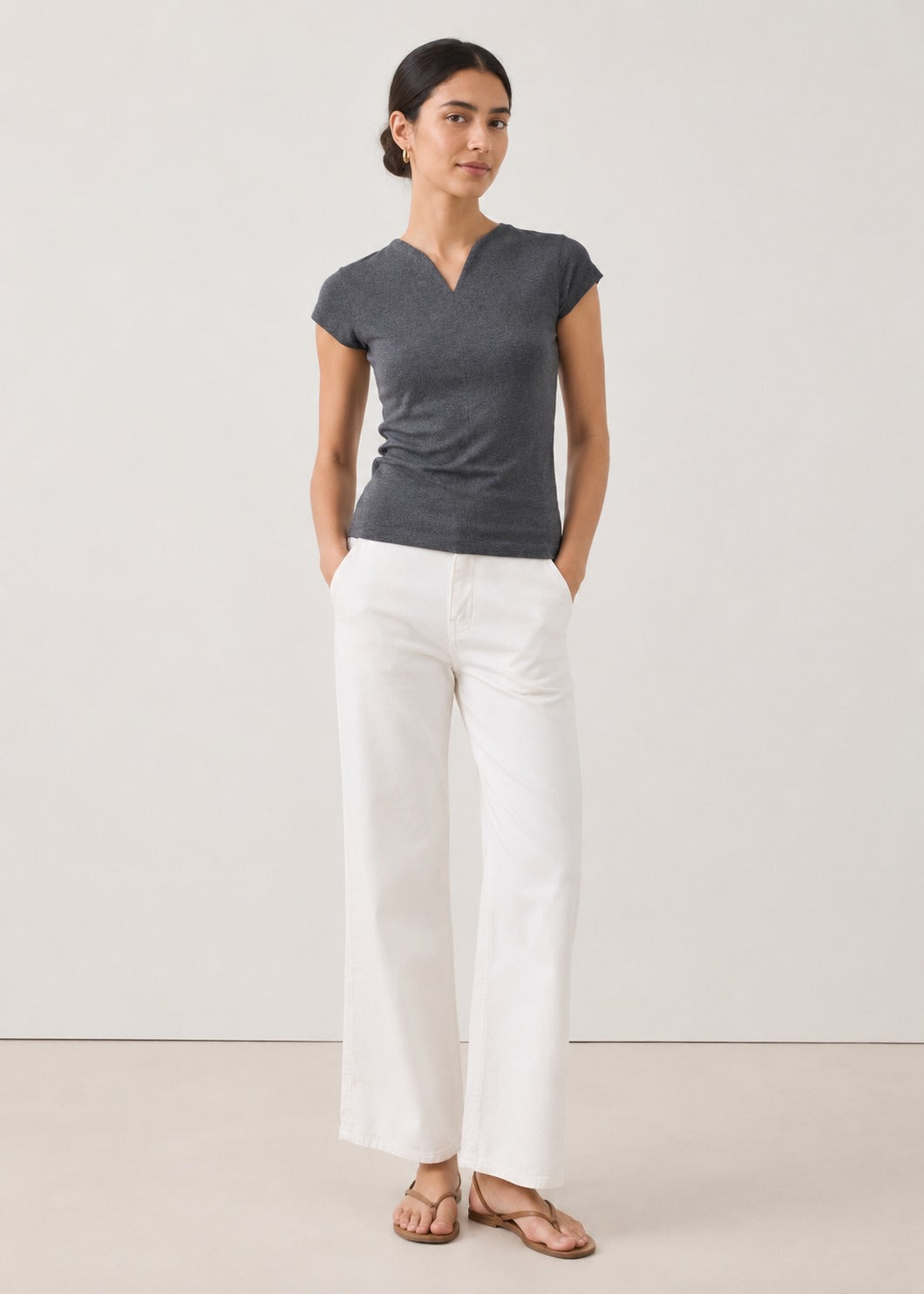 Cap Sleeve V-Notch Knit Top