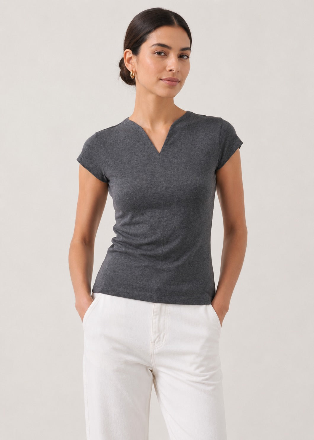 Cap Sleeve V-Notch Knit Top